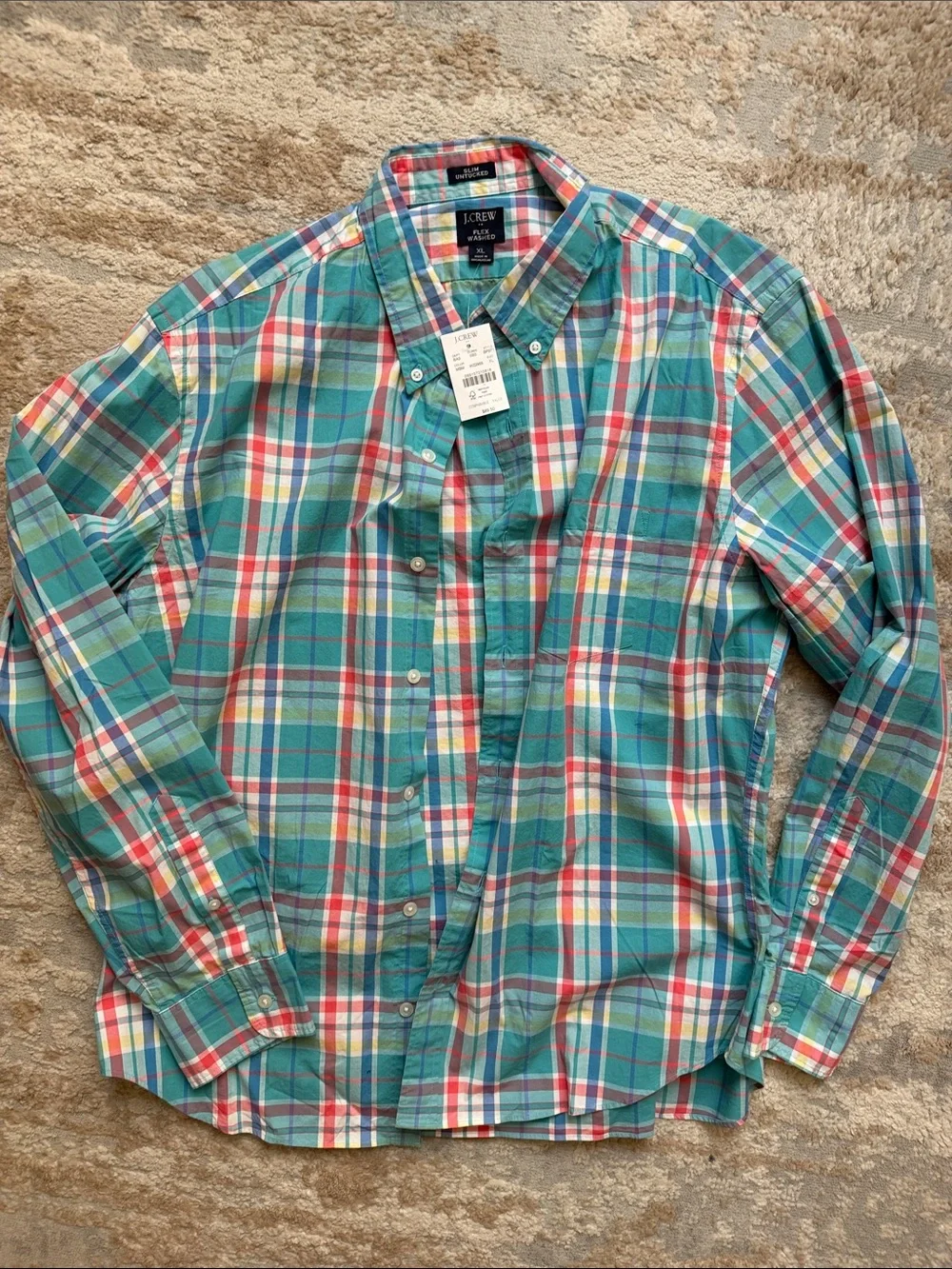 J. Crew Teal, Red & White Plaid Button-Down Slim Fit Untucked Shirt - Size XL